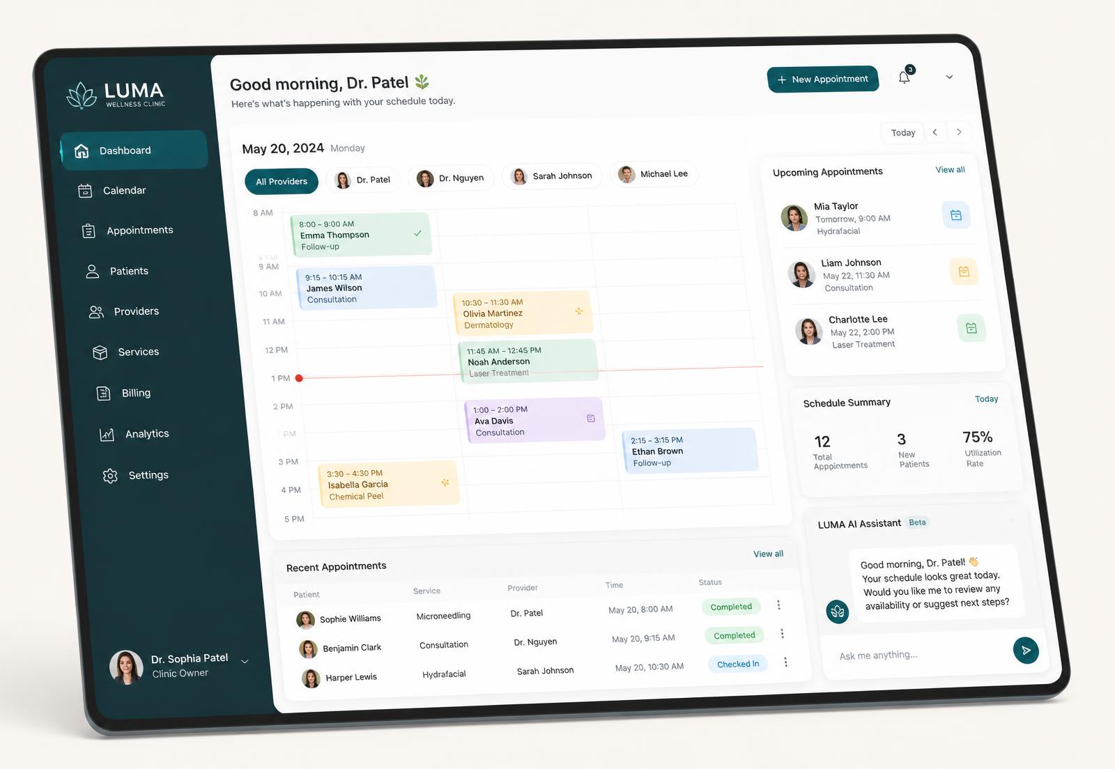 Painel do PayAgenda com agenda do dia, próximos agendamentos e assistente de IA